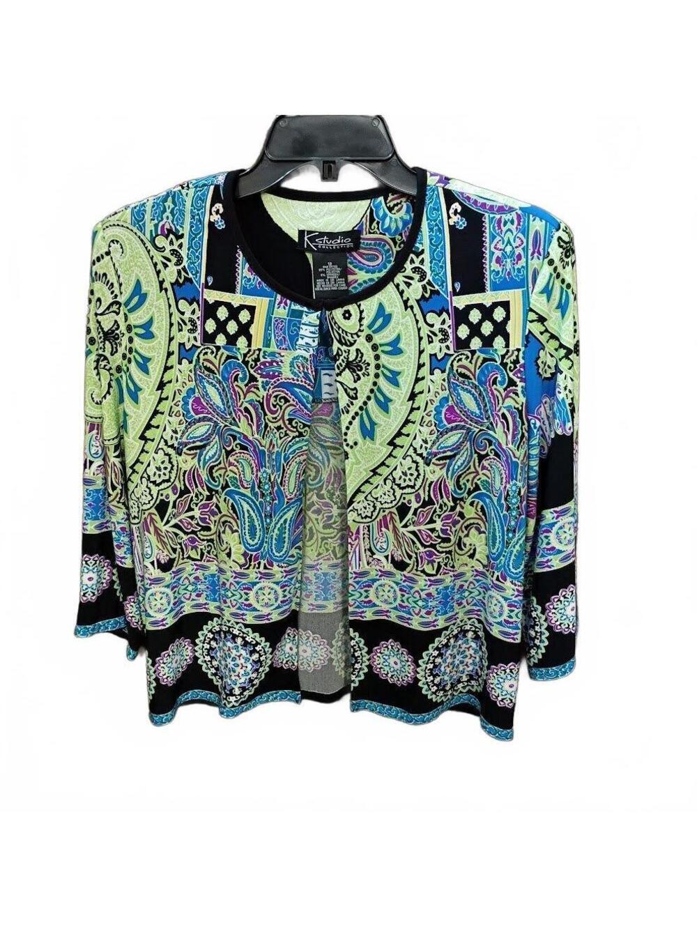 K Studio Collection Women's Open Front Cardigan Size 12 Multi-Color Paisley